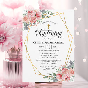 Invitation Croix d'or rose Floral Christening Baptême Girl
