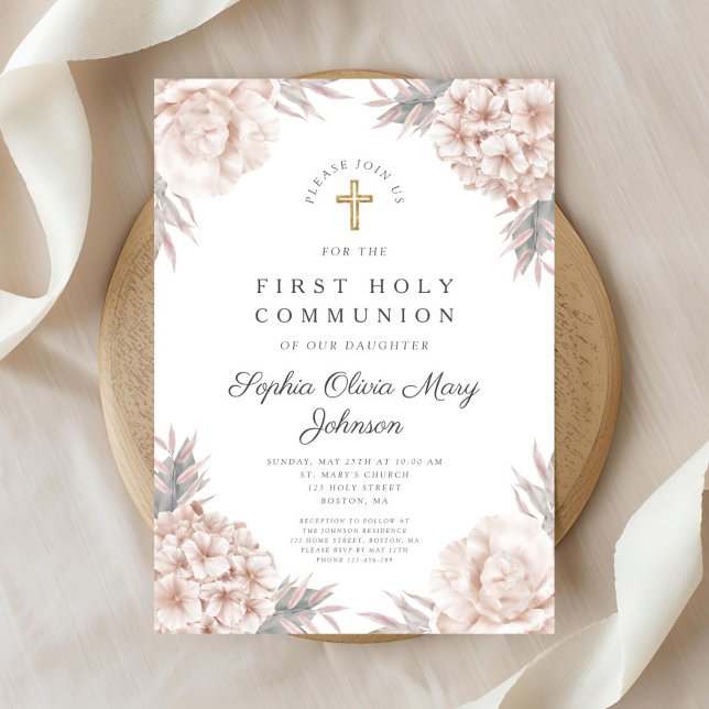 Invitation Croix d'or rose Floral Croix de la première commun (Pink Floral Gold Cross Religious First Communion Invitation)