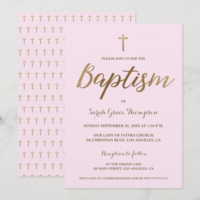 Invitation Croix d'or rose rousse personnalisée Baby Girl Bap (Devant / Derrière)