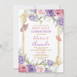 Invitation Croix d'or rose violet Floral Première communion s