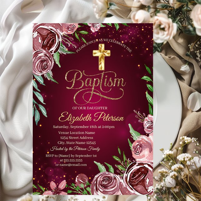 Invitation Croix d'or Roses de Bourgogne Baptême (Créateur téléchargé)