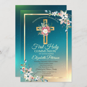 Invitation Croix d'or Roses floraux première communion sainte