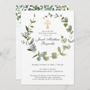 Invitation Croix d'or Sainte communion Eucalyptus Vert