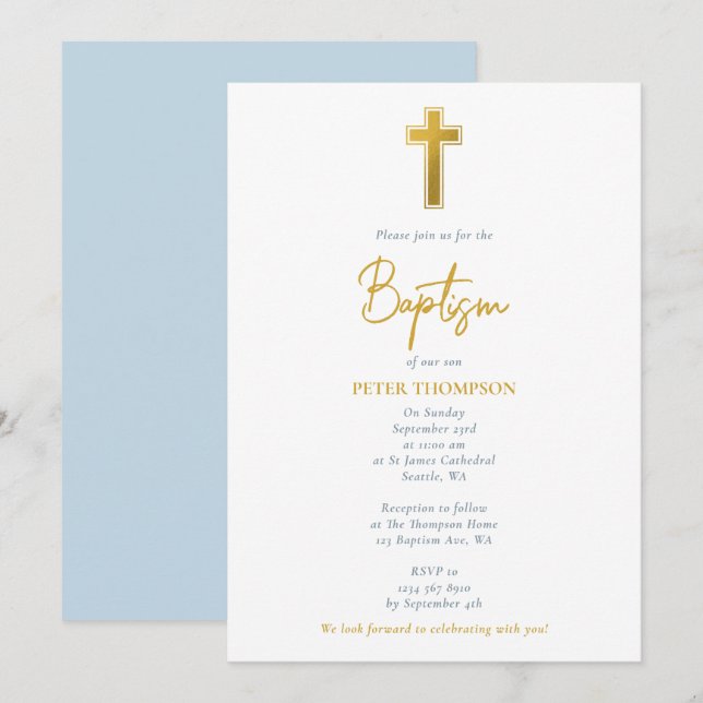 Invitation Croix d'or Script écrit à la main Baptême garçon (Devant / Derrière)