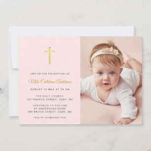 Invitation Croix d'or simple Faux Pink Photo Baptism
