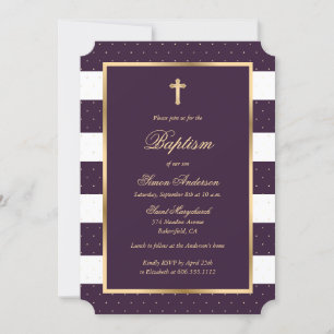 Invitation Croix d'or violet cadre élégant garçon Baptême