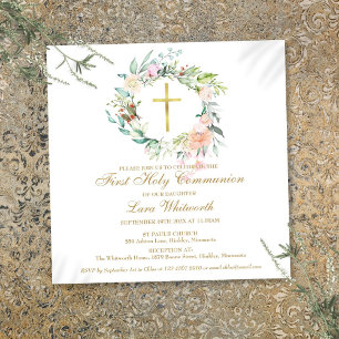 Invitation Croix dorée aquarelle florale Première Sainte Comm