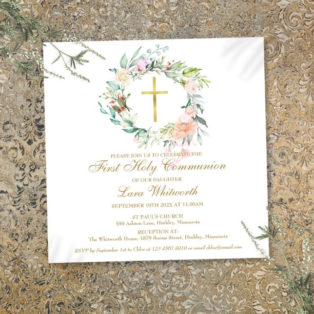Invitation Croix dorée aquarelle florale Première Sainte Comm (Gold Cross Watercolor Floral First Holy Communion Invitation)