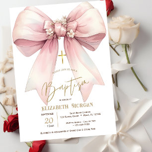 Invitation Croix dorée avec nœud rose floral pour baptême
