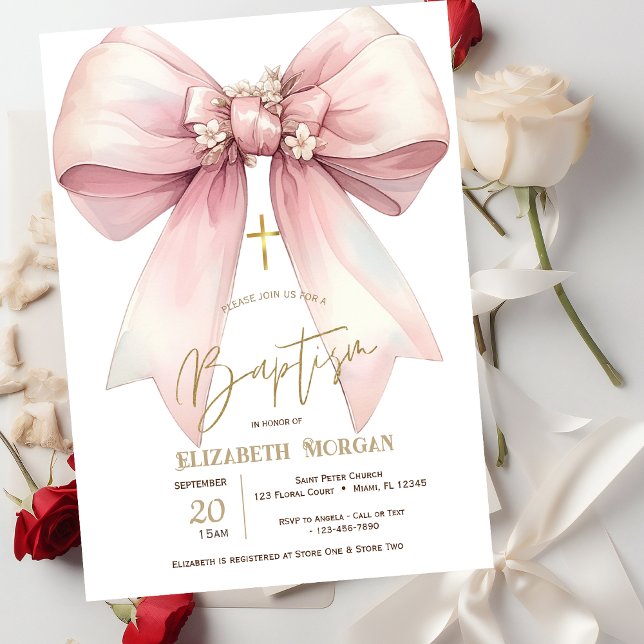 Invitation Croix dorée avec nœud rose floral pour baptême (Créateur téléchargé)