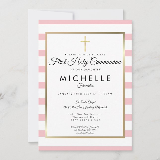 Invitation Croix dorée avec rayure rose Première Sainte Commu (Devant)