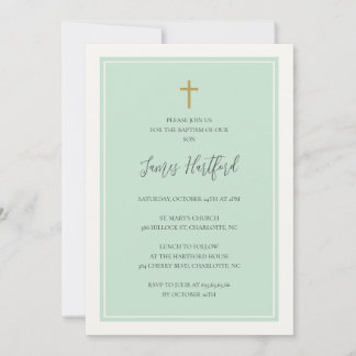 Invitation Croix dorée baptême garçons minimaliste aqua sarce