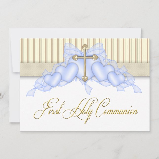Invitation Croix dorée beige et bleue pour la Première Commun (Devant)