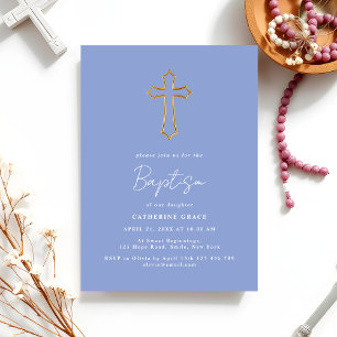 Invitation Croix Dorée Bleu Poussiéreux Baptême Minimaliste &