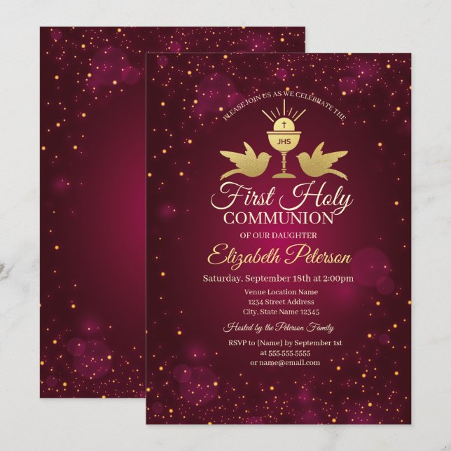 Invitation Croix dorée,Calice Rouge  Première communion  (Devant / Derrière)