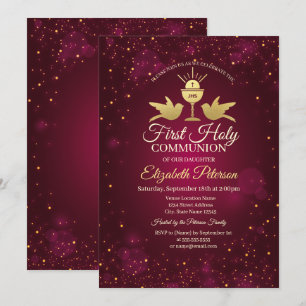 Invitation Croix dorée,Calice Rouge  Première communion 
