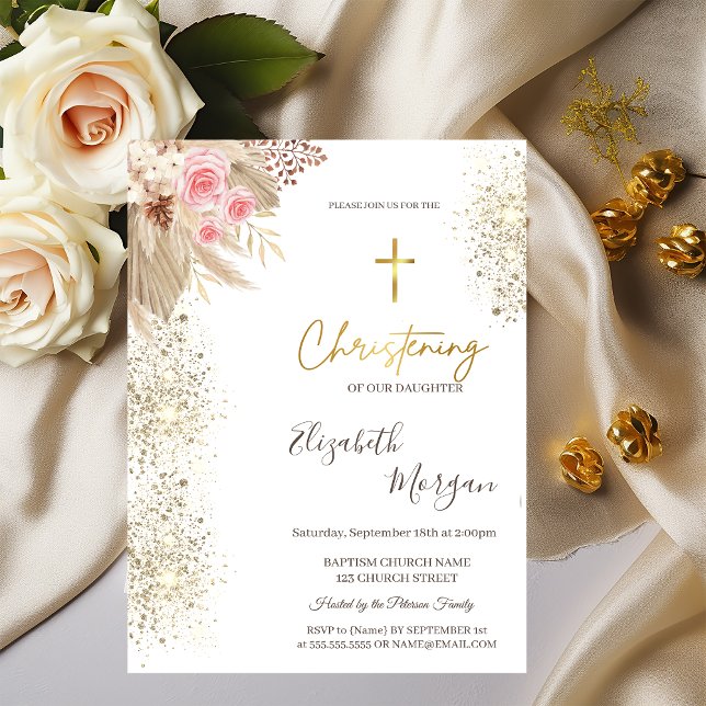 Invitation Croix dorée chic baptême paillettes dorées fleurs  (Créateur téléchargé)