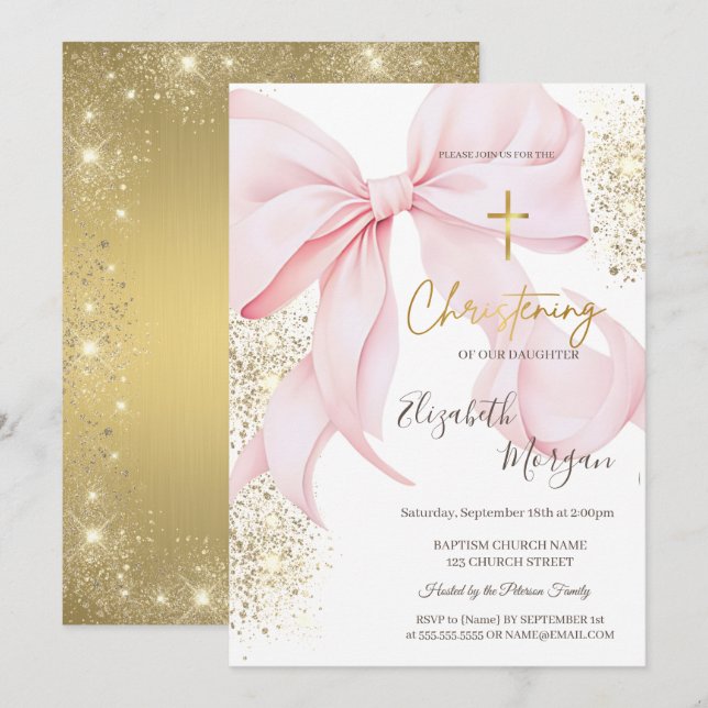 Invitation Croix dorée chic baptême paillettes dorées noeud r (Devant / Derrière)