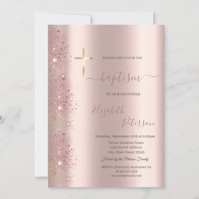 Invitation Croix dorée chic de baptême avec poussière de pail (Devant)