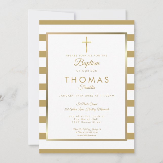 Invitation Croix dorée Chic Simple Baptême (Devant)