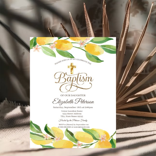 Invitation Croix dorée Citron aquarelle Botanique (Créateur téléchargé)