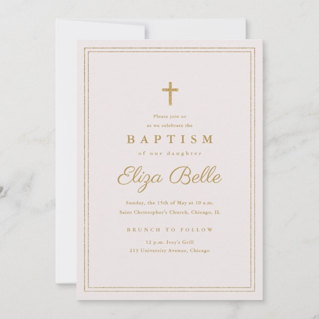 Invitation Croix dorée classique Baptême religieux et Christe (Devant)