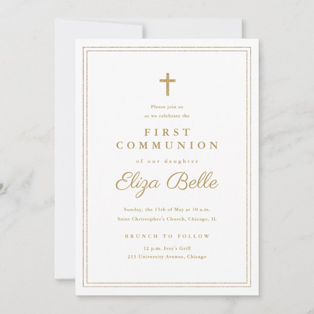 Invitation Croix dorée classique Première communion religieus (Devant)