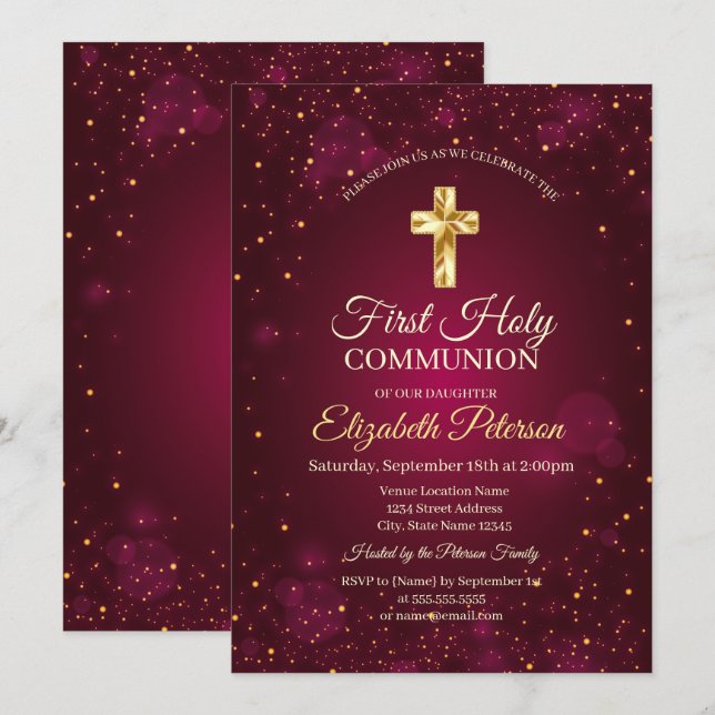 Invitation Croix dorée Confettis rouges Première Sainte Commu (Devant / Derrière)