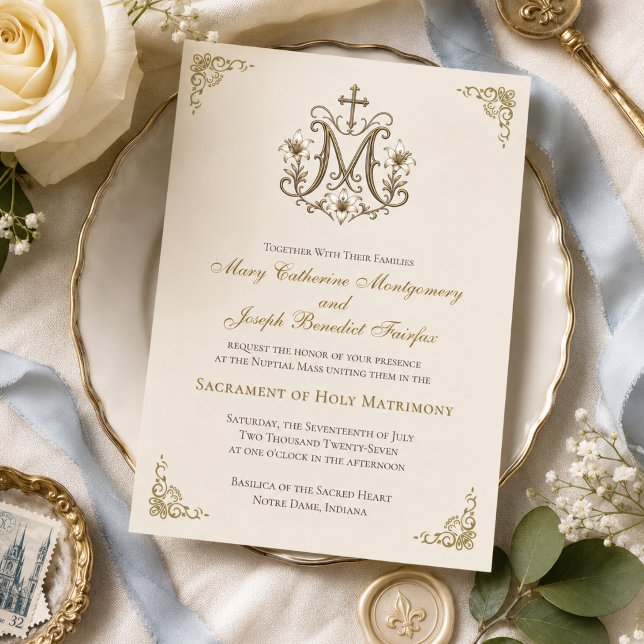 Invitation Croix dorée de Marie Monogramme Mariage Nuptial (Créateur téléchargé)