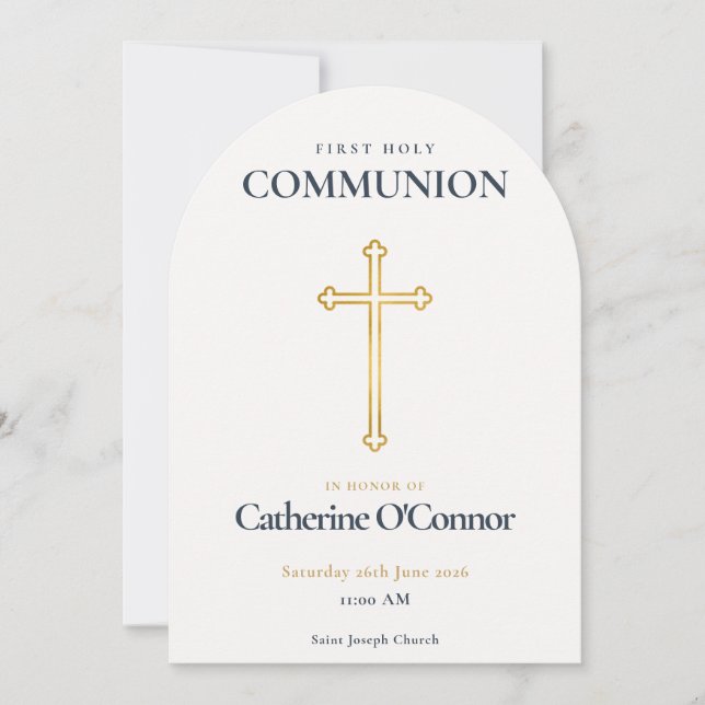 Invitation Croix dorée de première communion (Devant)