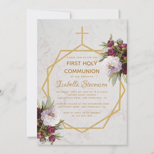 Invitation Croix dorée de première communion avec pivoines bu (Devant)