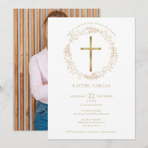 Invitation Croix dorée de première communion florale Photo