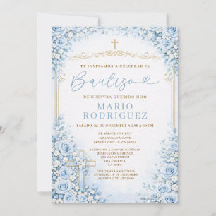 Invitation Croix dorée de religion de baptême espagnol floral