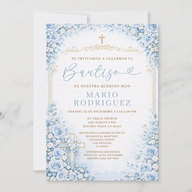 Invitation Croix dorée de religion de baptême espagnol floral (Devant)