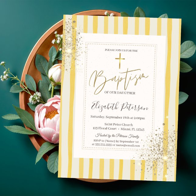 Invitation Croix dorée Diamant Rayures Jaunes Baptême (Créateur téléchargé)