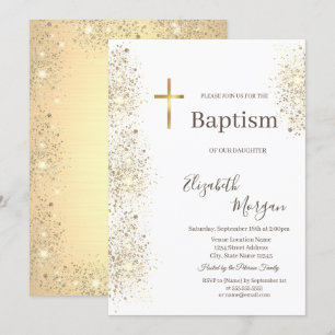 Invitation Croix dorée élégante Baptême Confettis paillettes 
