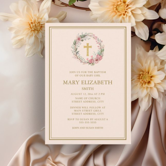 Invitation Croix dorée élégante Baptême de bébé fille florale (Elegant floral wreath and cross baptism invitation)