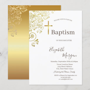 Invitation Croix dorée élégante baptême dentelle florale doré