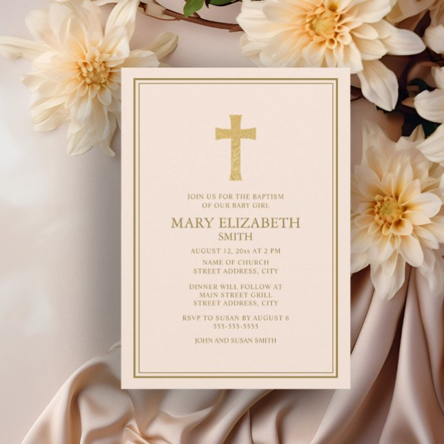 Invitation Croix dorée élégante Baptême fille bébé rose  (Elegant cream-colored baptism invitation)