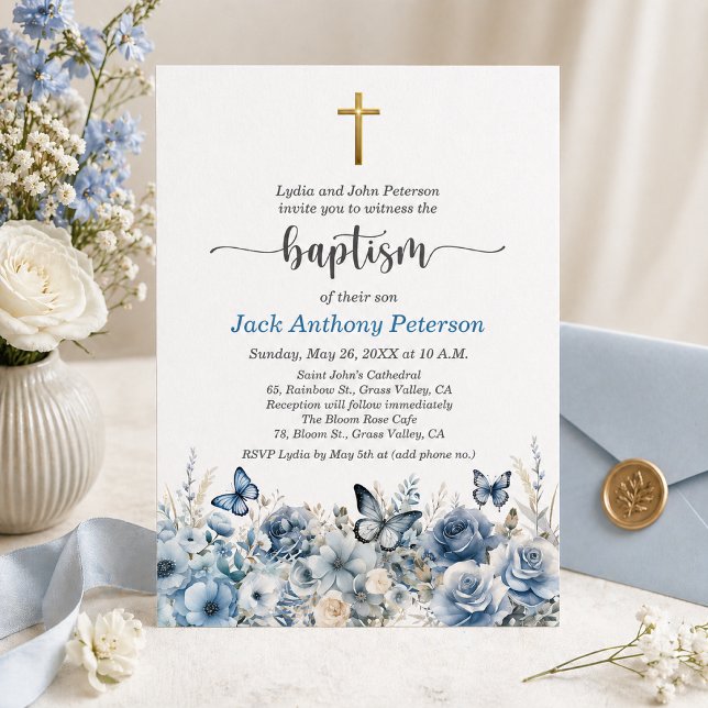 Invitation Croix dorée élégante Baptême floral bleu (Créateur téléchargé)