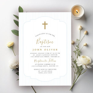 Invitation Croix dorée élégante baptême garçon bleu