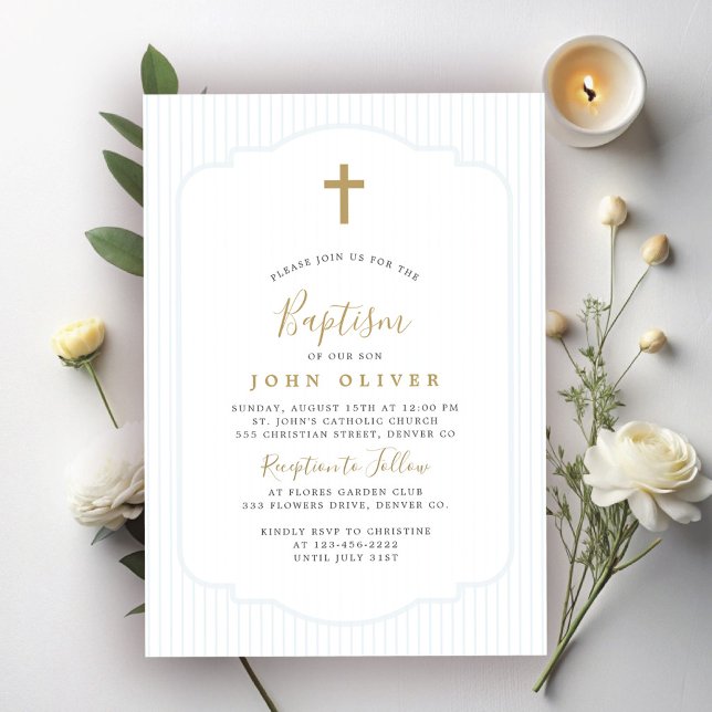 Invitation Croix dorée élégante baptême garçon bleu (Créateur téléchargé)