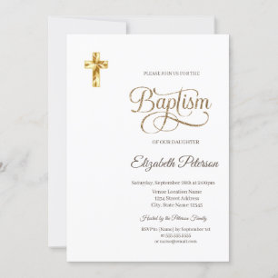 Invitation Croix dorée élégante Baptême minimaliste