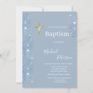 Invitation Croix dorée élégante baptême paillettes bleu pouss