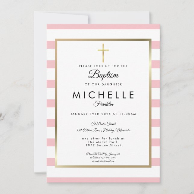 Invitation Croix dorée élégante Baptême rayure rose (Devant)
