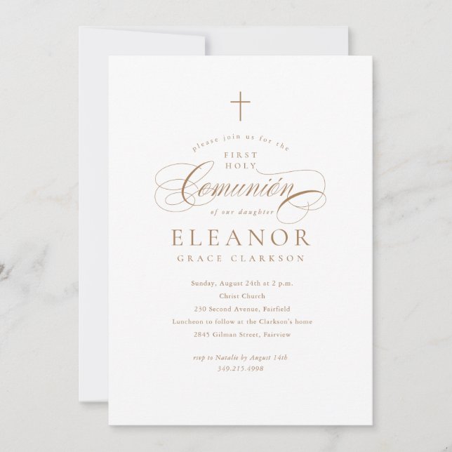 Invitation Croix dorée élégante Calligraphie Première Communi (Devant)