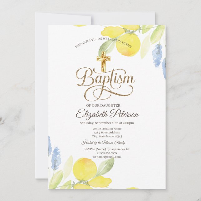 Invitation Croix dorée élégante Citrons aquarelle (Devant)