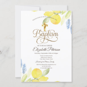 Invitation Croix dorée élégante Citrons aquarelle
