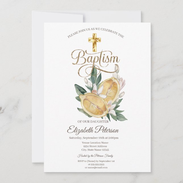 Invitation Croix dorée élégante Citrons aquarelle Botanique (Devant)