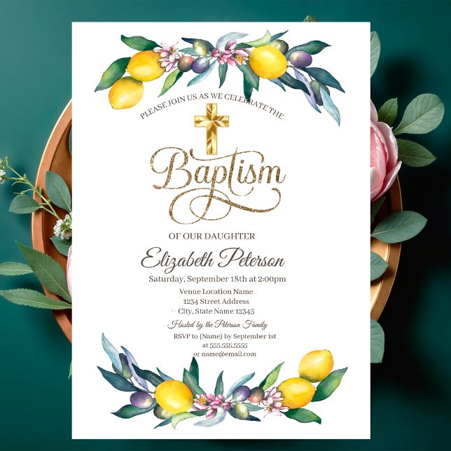 Invitation Croix dorée élégante citrons et olives aquarelle (Créateur téléchargé)